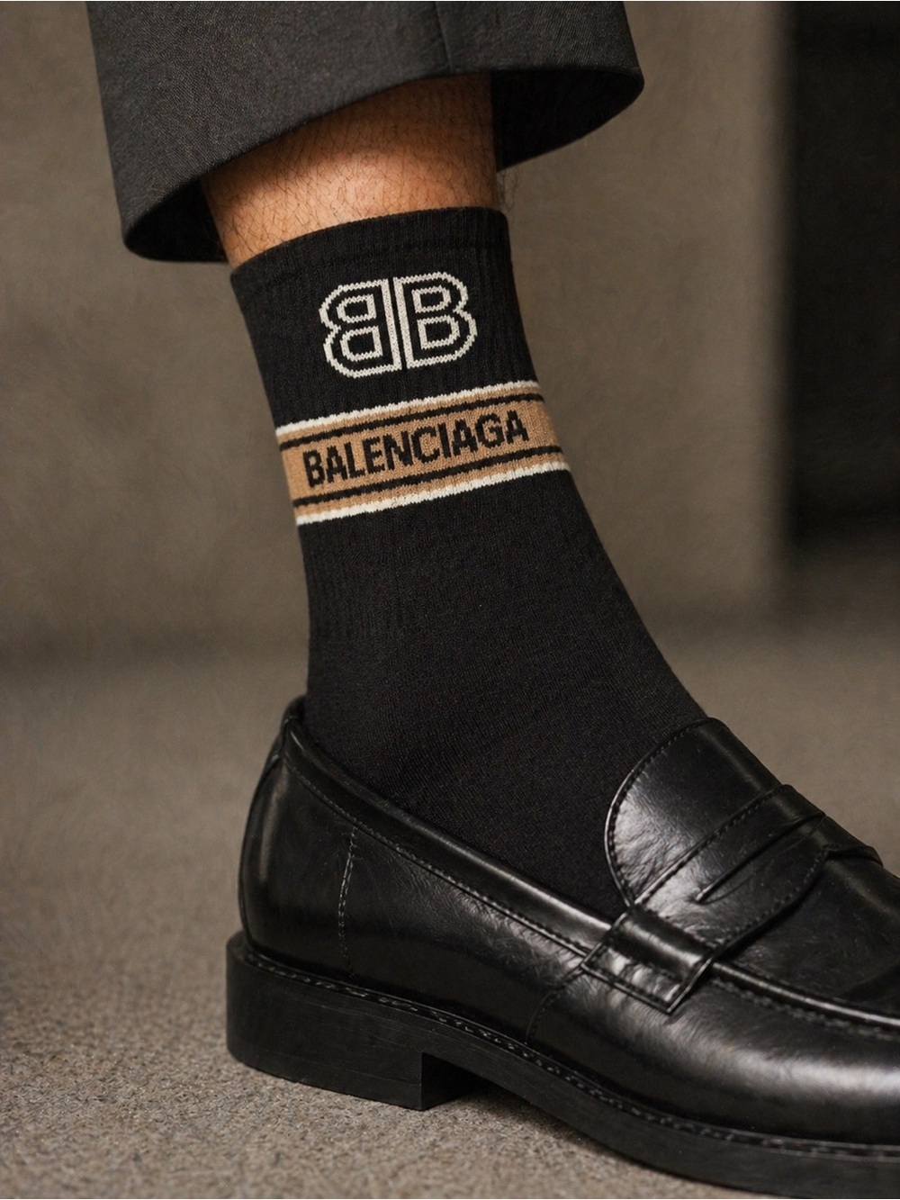 Balenciaga Black Socks with Tan Logo Stripe
